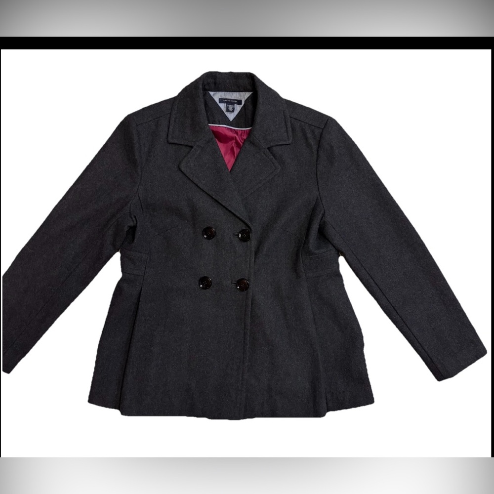 Tommy Hilfiger Double Breasted Dark Gray Lined Wool Blend Pea Coat EUC XL